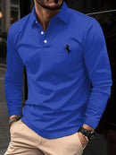 Camiseta masculina de manga comprida, cor sólida de negócios de meia-idade, roupas de primavera e outono do pai, camisa polo de gola confortável