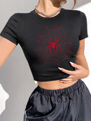 Camiseta feminina com estampa de aranha, gola redonda, manga curta, slim fit
