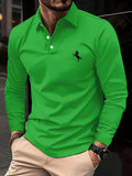 Camiseta masculina de manga comprida, cor sólida de negócios de meia-idade, roupas de primavera e outono do pai, camisa polo de gola confortável