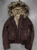 Jaqueta bomber feminina forrada de pele American Vintage Y2K, casaco marrom com