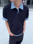 Camisa Polo Estilo Americano Retrô de Manga Curta para Homens, Camiseta de Verão com Gola Reversível e Estampa Xadrez, Efeito de Duas Peças
