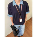 Camisa Polo Estilo Americano Retrô de Manga Curta para Homens, Camiseta de Verão com Gola Reversível e Estampa Xadrez, Efeito de Duas Peças