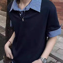 Camisa Polo Azul de Manga Curta com Design em Patchwork Estilo Casual para Homens e Mulheres em Tecido de Poliéster Respirável Moda de Verão