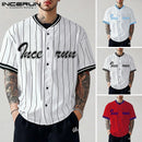 Incerun topos estilo americano moda masculina listrado impresso contraste emenda camisa casual personalidade venda quente blusa de manga curta