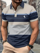 Camisa Polo Minimalista Masculina de Verão com Listras Horizontais, Gola Lapela, Estilo Empresarial, para Atividades ao Ar Livre, Solta e Confortável.