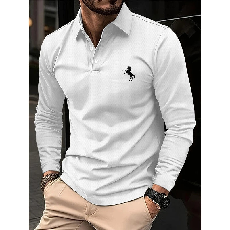 Camiseta masculina de manga comprida, cor sólida de negócios de meia-idade, roupas de primavera e outono do pai, camisa polo de gola confortável