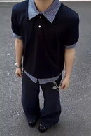 Camisa Polo Azul de Manga Curta com Design em Patchwork Estilo Casual para Homens e Mulheres em Tecido de Poliéster Respirável Moda de Verão