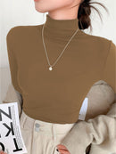 Blusa Gola Alta Manga Longa Camiseta Feminina Elegante Casual Trabalho
