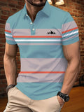 Camisa Polo Minimalista Masculina de Verão com Listras Horizontais, Gola Lapela, Estilo Empresarial, para Atividades ao Ar Livre, Solta e Confortável.