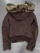 Jaqueta bomber feminina forrada de pele American Vintage Y2K, casaco marrom com