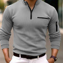 Nova camisa POLO listrada de manga comprida masculina com gola com zíper, estilo retrô, esportes, ao ar livre, lazer, confortável e leve
