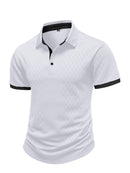 Camisa Polo Masculina Casual Esportiva em Jacquard com Bloco de Cores e Manga Curta com Botões