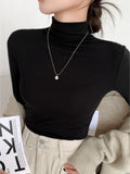 Blusa Gola Alta Manga Longa Camiseta Feminina Elegante Casual Trabalho