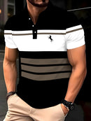 Camisa Polo Minimalista Masculina de Verão com Listras Horizontais, Gola Lapela, Estilo Empresarial, para Atividades ao Ar Livre, Solta e Confortável.